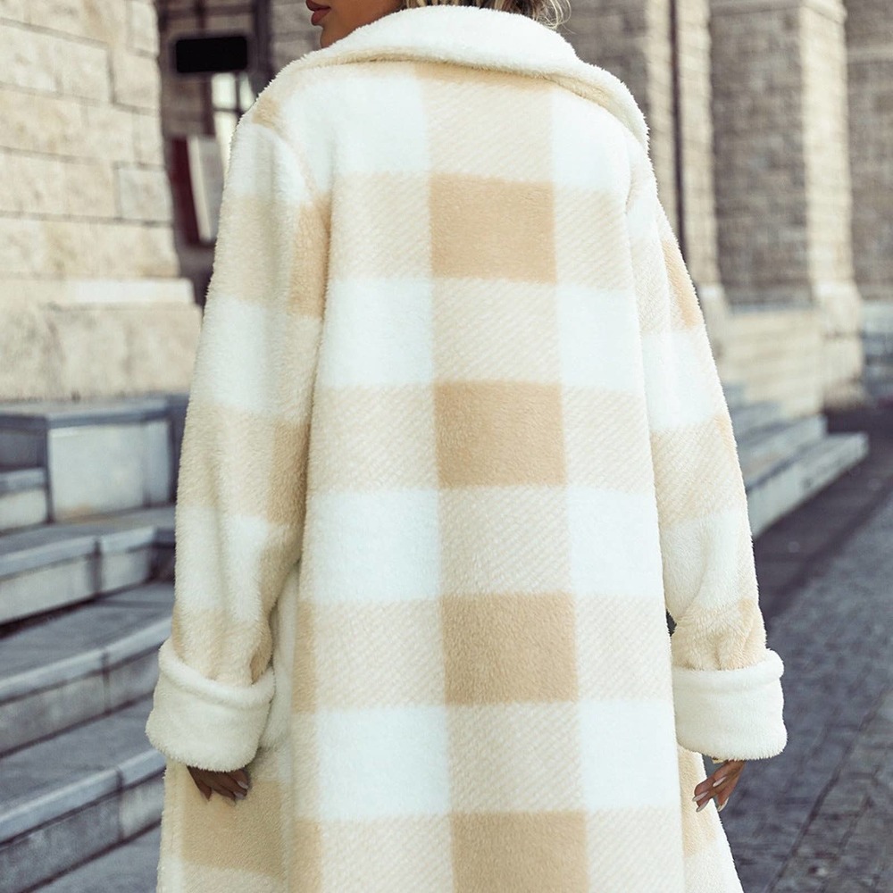 Lapel Plaid Patchwork Fleece Overcoat - Picture 4 of 10